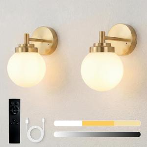 Set of 2 Rechargeable Wall Sconces with Remote, 3-Color Temperature & Dimmable, Modern Gold Cordless Wall Lights with Opal Glass Globe Shade