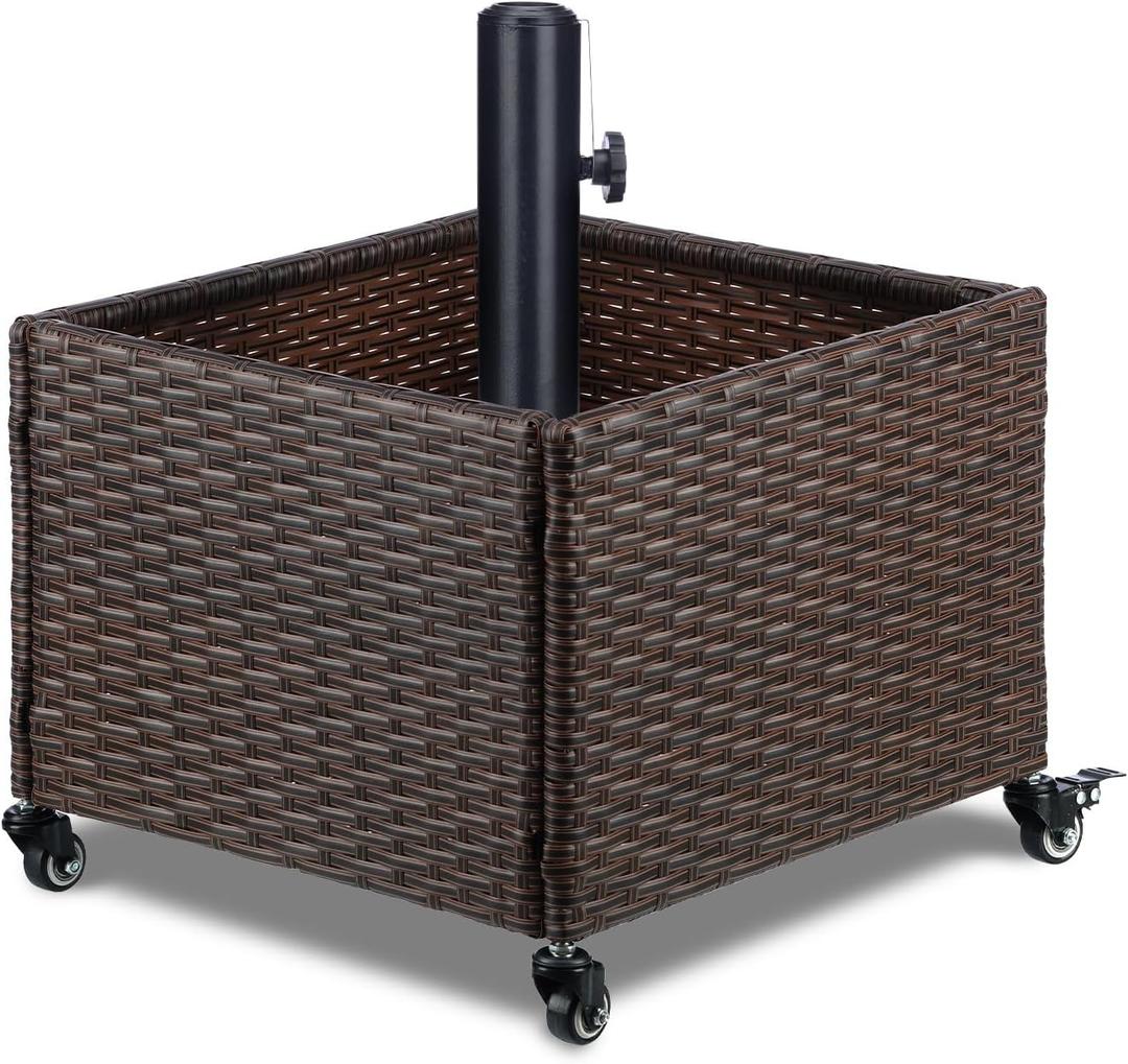 LEWIS&WAYNE Outdoor Umbrella Base with Fillable Planter Box Heavy Duty Patio Umbrella Stand with 4 Wheels Rolling Umbrella Holder for Outdoor Patio Deck Garden (Brown)