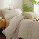 MWL Toy Striped Duvet Cover Set Queen Size 3 Pcs Breathable Durable 100% Washed Cotton Comforter Cover for All Seasons Chic Linen Like Textured Bedding Set (Light Brown White Pinstripes, Queen)