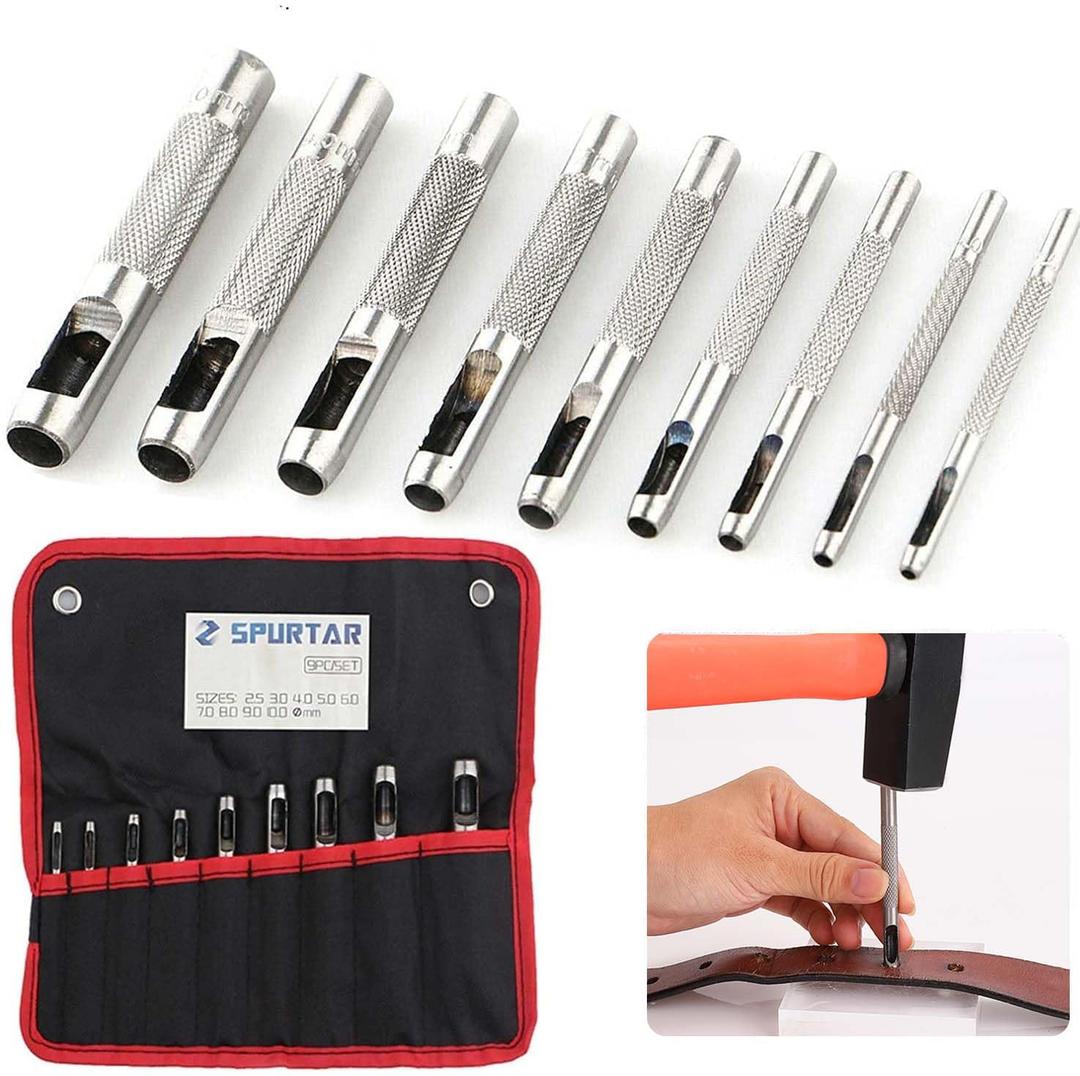 Spurtar 9 PCS Leather Hollow Round Hole Punch 3/32''-25/64'' Carbon Steel Heavy Duty Leather Hole Punch Set for Vinyl Gasket Watch Belt Canvas with Storage Bag (Silver)
