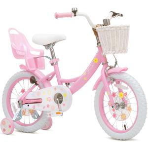 Bixike Girls Bike with Basket for Toddlers and Kids Aged 3-14 Years Old, 12 14 16 18 Inch with Training Wheels & Doll Seat, 20 Inch with Kickstand & Rear Rack, Princess Style Bicycle for Gift.
