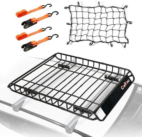Carforu Roof Rack Basket 51″ X 36″ X 5″ Universal Rooftop Cargo Basket, 250LB Heavy Duty Cargo Basket Car Roof Basket for SUV, Truck, Cargo Net with Attachment Hooks, Pack of 2 Ratchet Straps