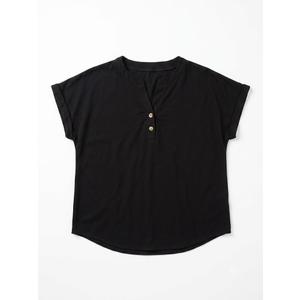 Women's Casual Black Short-Sleeve Henly-Style V-Neck Top with Wood Buttons XL