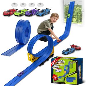 Flex Race Track 16 Ft with Suction Cups Compatible with Diecast 1/64th Cars, Flexible Car Track Toys for Ages 3+ Kids Toddlers Roll Out Portable Racetrack (Blue)