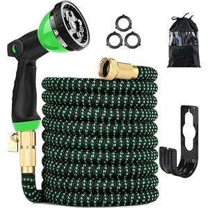75 ft Expandable Garden Hose - Kink Free Flexible Water Hose with Thumb-Controlled 10-Function Nozzle, 3/4 Solid Brass Connectors, Retractable Latex Core - Lightweight Expanding Hose