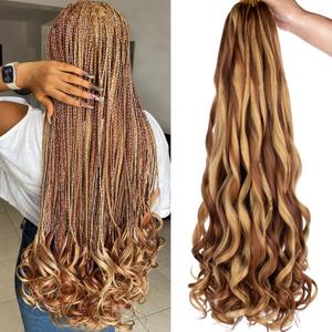 COOKOO 26 Inch French Curl Braiding Hair for Goddess Box Braids 9 Packs Pre Stretched Braiding Hair Mix Two Tone Loose Wavy Spanish Curly Braids Hair French Curly Crochet Hair for Women 27/30#