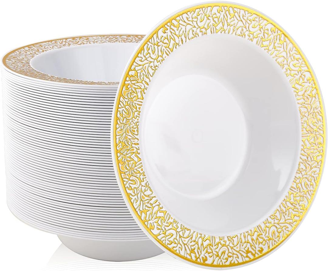 JOLLY PARTY 60 Disposable Gold Plastic Dessert Bowls, 12 oz Soup Bowls, Lace Christmas Thanksgiving Trim, Premium Heavy Duty Plastic Bowl for Wedding/Party (Gold)