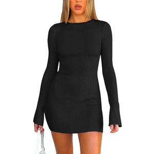 Women Long Sleeve Mini Dress Ribbed Boat Neck Bodycon Dress Club Party Tight Dress, Size S