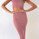 PRETTYGARDEN Women's Summer Midi Bodycon Dresses Casual Crew Neck Side Slit Sleeveless Knit Cut Out Tank Top Dress (Pink, XL)