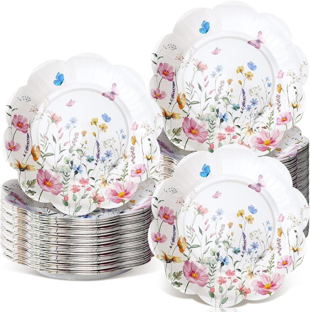 100 Pcs Wildflower Paper Plates Disposable Dessert Baby Bridal Shower Party Supplies Floral Dessert Plates Bulk Birthday Tea Party Serving Tray for Wedding Birthday
