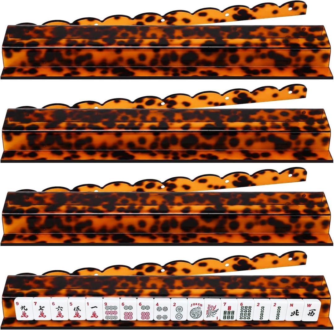 4 Pack Tortoise Shell Scalloped Mahjong Tile Racks Set with Magnetic Pushers, 18.5 Inch Acrylic Mahjong Racks for Tiles Holders Acrylic Mah Jong Accessories, Fits All Tile Sets