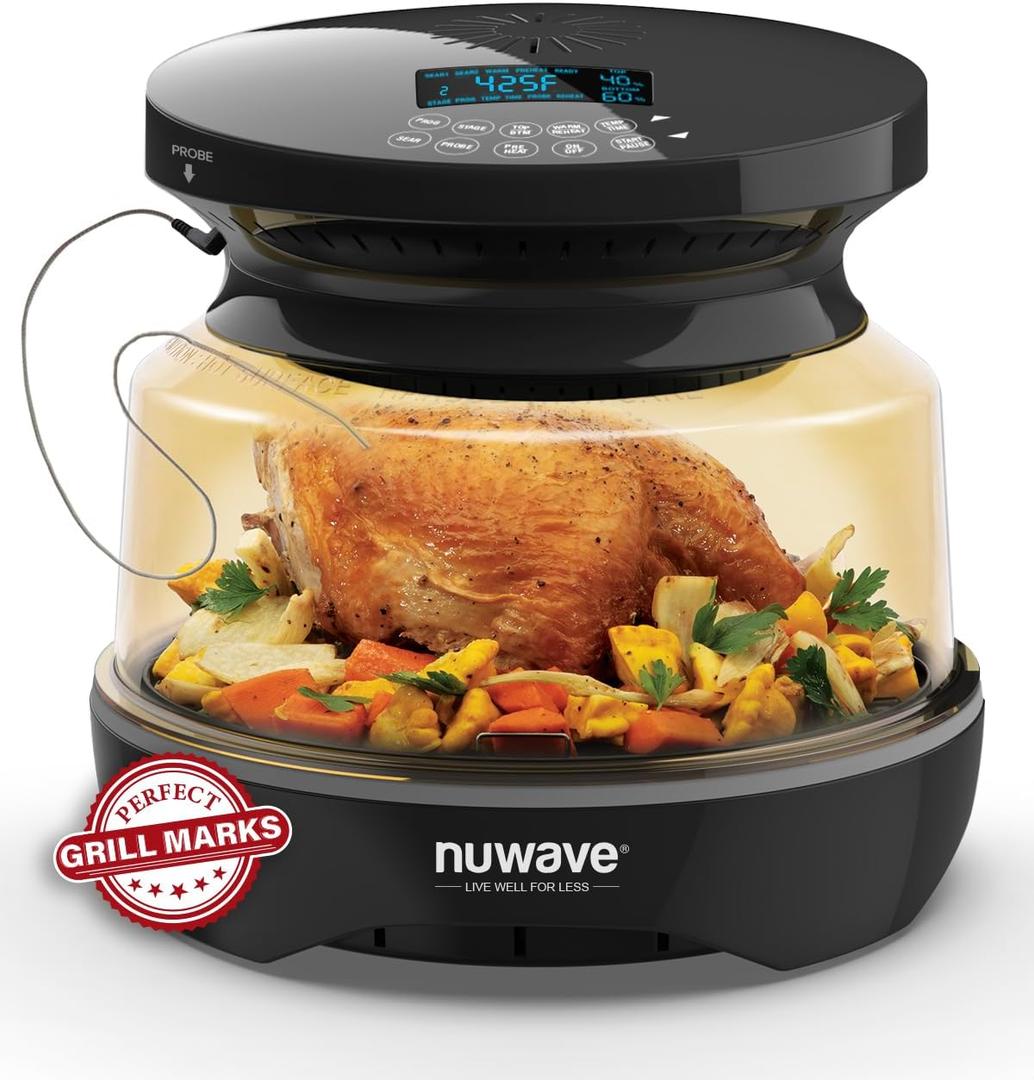 Nuwave Infra-Red Primo Grill Oven, Integrated Smart Thermometer, Nonstick Grill Bottom & Convection Top for Surround Cooking, Cook Fresh or Frozen, Durable Power Dome Included (Black)