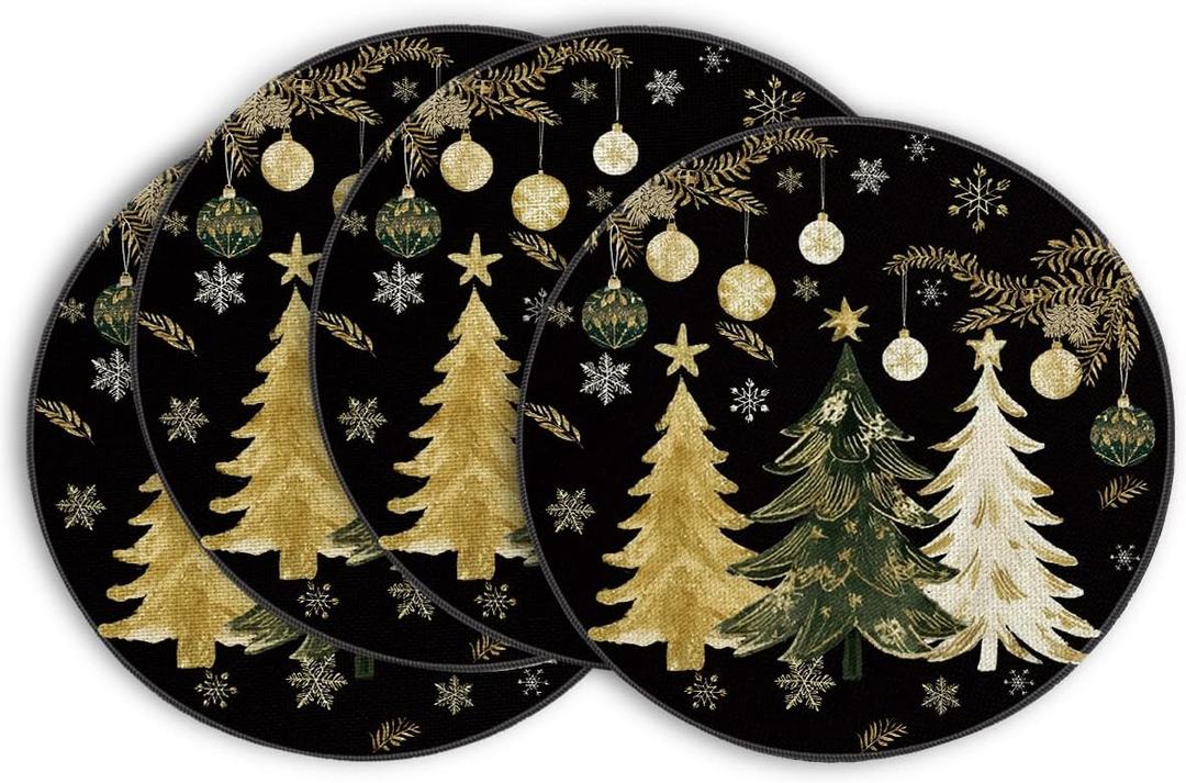Artoid Mode Black Christmas Trees Round Placemats Set of 4, 14 Inch Seasonal Winter Place Mats for Gift Party Table Dining Decoration