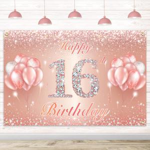 Happy 16th Birthday Banner Backdrop - 16 Birthday Party Decorations Supplies for Girls or Boys - Rose Gold 4 x 6ft