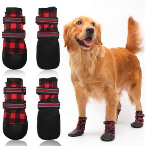 FLYSTAR Dog Shoes for Medium Large Dogs, Waterproof Rain Snow Non-Slip Dog Boots for Winter, Plaid Reflective Adjustable Warm Dog Shoes Paw Protector for Walking Running Hiking Outdoor (7# (paw width: 1.9"-2.7"))