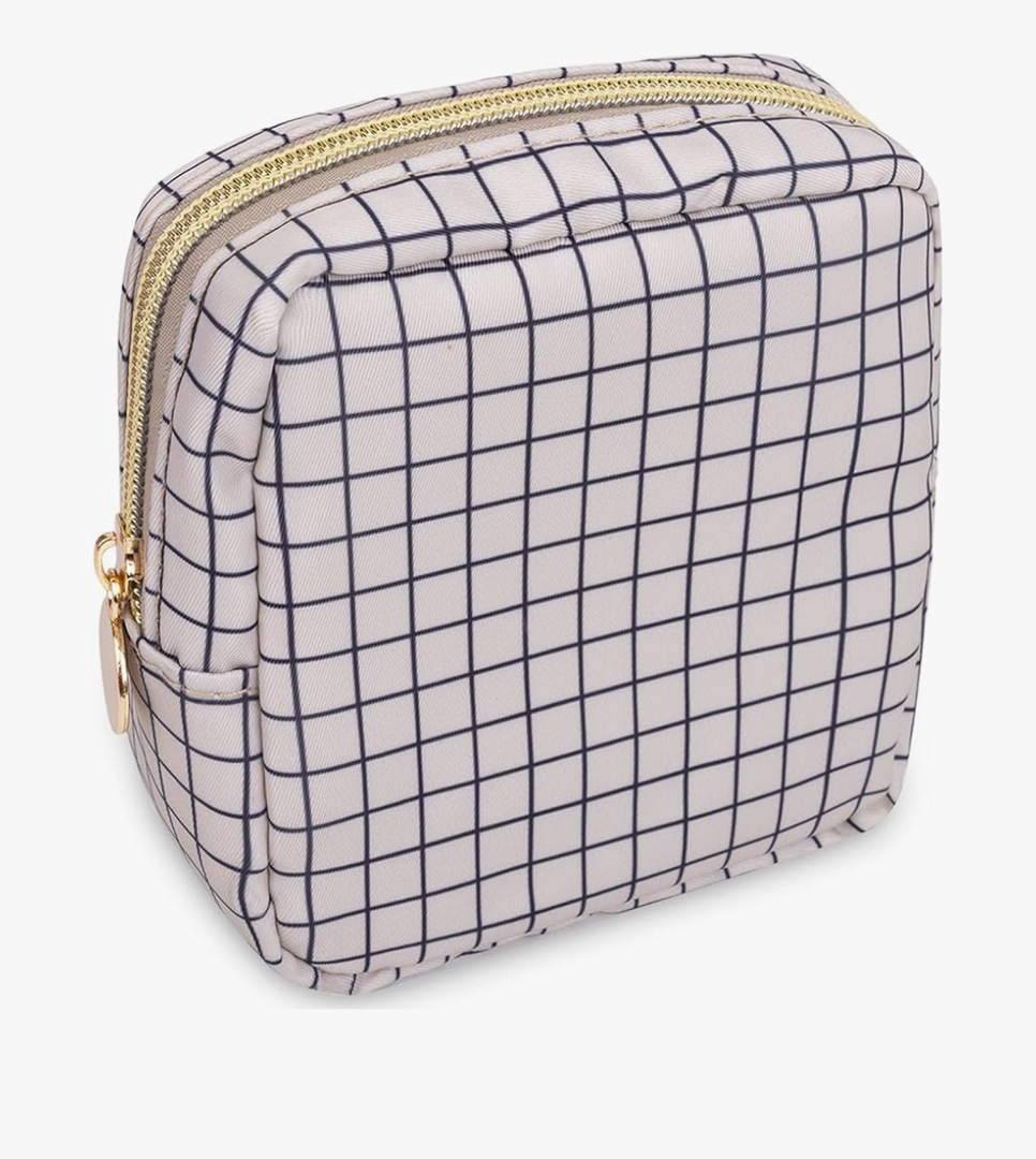 Nylon Mini Makeup Bag for Purse, Small Cute Checkered Makeup Bag Preppy Cosmetic Zipper Pouch Purse, Travel Coin Pouch Sanitary Napkin Storage Bag Clutch Make Up Organizer for Women Girls(Checkered)