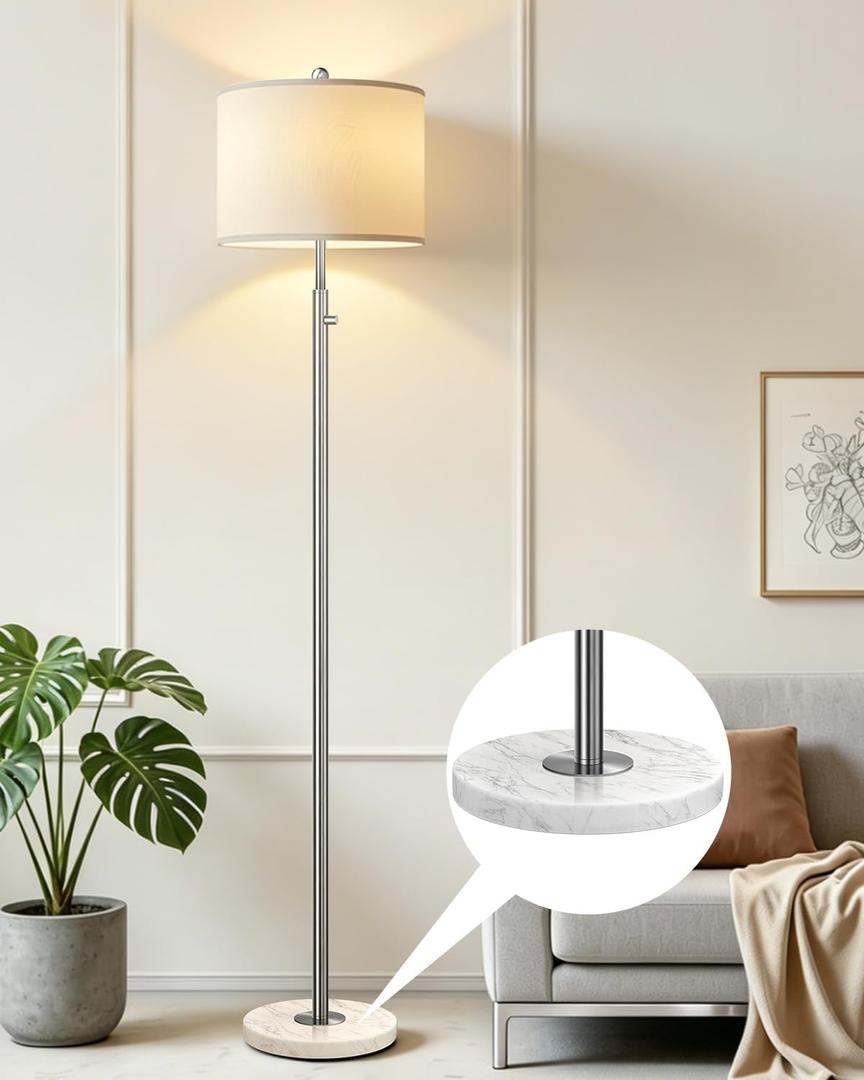 Upgraded Dimmable Floor Lamp for Living Room, 11W LED Bulb Included, Modern Standing Lamp with Marble Base, Tall Pole Light with Linen Shade for Bedroom Reading Office Corner Nursery-Brushed Nickel