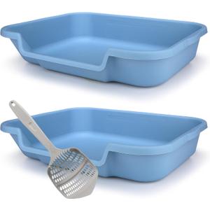 KittyGoHere Senior Cat Litter Box 2 Pack, Large Blue Low Entrance Kitty Litter Box, Sized for Cats Comfort, Perfect for Senior & Arthritic Cats, Made in USA, with Long-Handle Jumbo Scoop (Little Boy Blue)