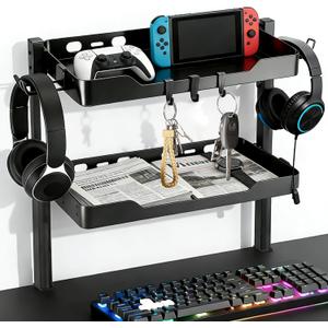2-Tier Clamp on Desk Shelf, Dual-purpose Desk Organizer (Used on or Under Desk Storage), Desk Shelf Clamp with Hooks and High Load-bearing capacity, Suitable for Office Desk, Gaming Accessories
