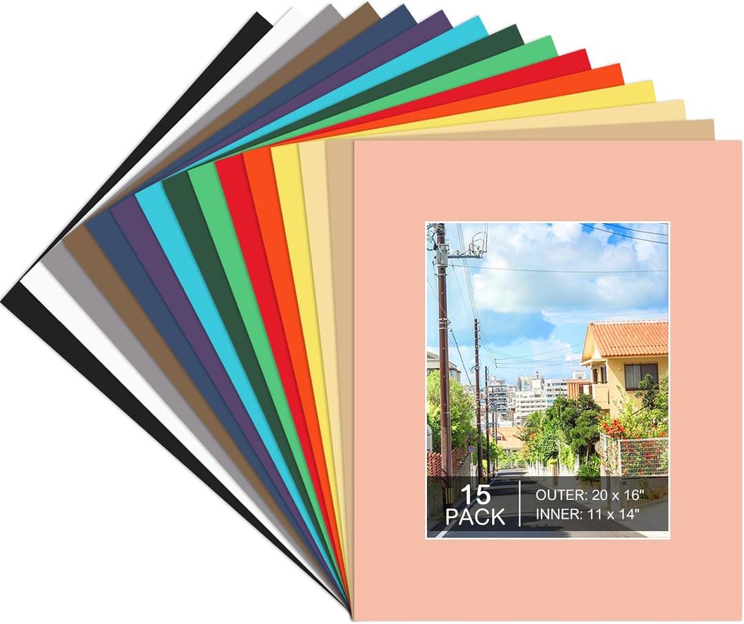 15 Pack 20x16 Picture Mats, Mixed Colors Frame Mattes for 11x14 Pictures Photo Frame Mat Core Bevel Cut Mat Board Show Kit for Photos, Prints, Artworks