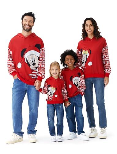 Disney Mickey and Friends Family Matching Christmas Hooded Sweatshirts Casual Mickey Snow Pattern Long Sleeve Pullover Hoodies Red Women M