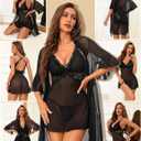 RSLOVE Women Sexy Lingerie Set - 3 Piece Babydoll & Lace Kimono Robe Strap Chemise Nightgown Mesh Sleepwear (Black, XL)