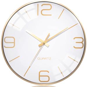 AYRELY 12 Inch Silent Modern Wall Clocks Battery Operated, Wall Clock for Living Room Dcor,Gold Metal Frame Clock Decorative for Bedroom,Kitchen,Office (White)