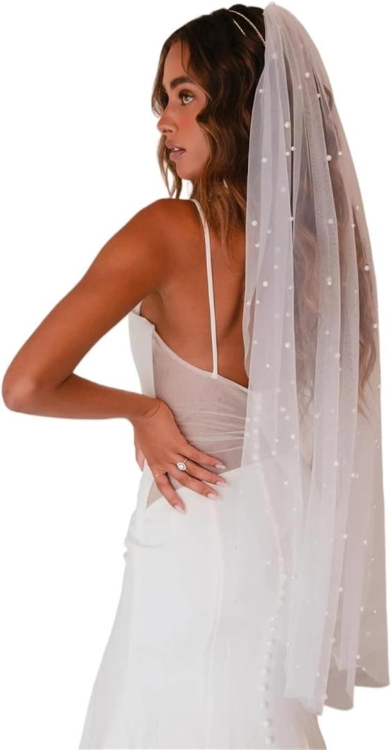 1 Tier Long Pearl Wedding Veil Bride Veil For Bachelorette Party Bride To Be Headband With Comb (Chapel length veil(300cm/118 inches), White)