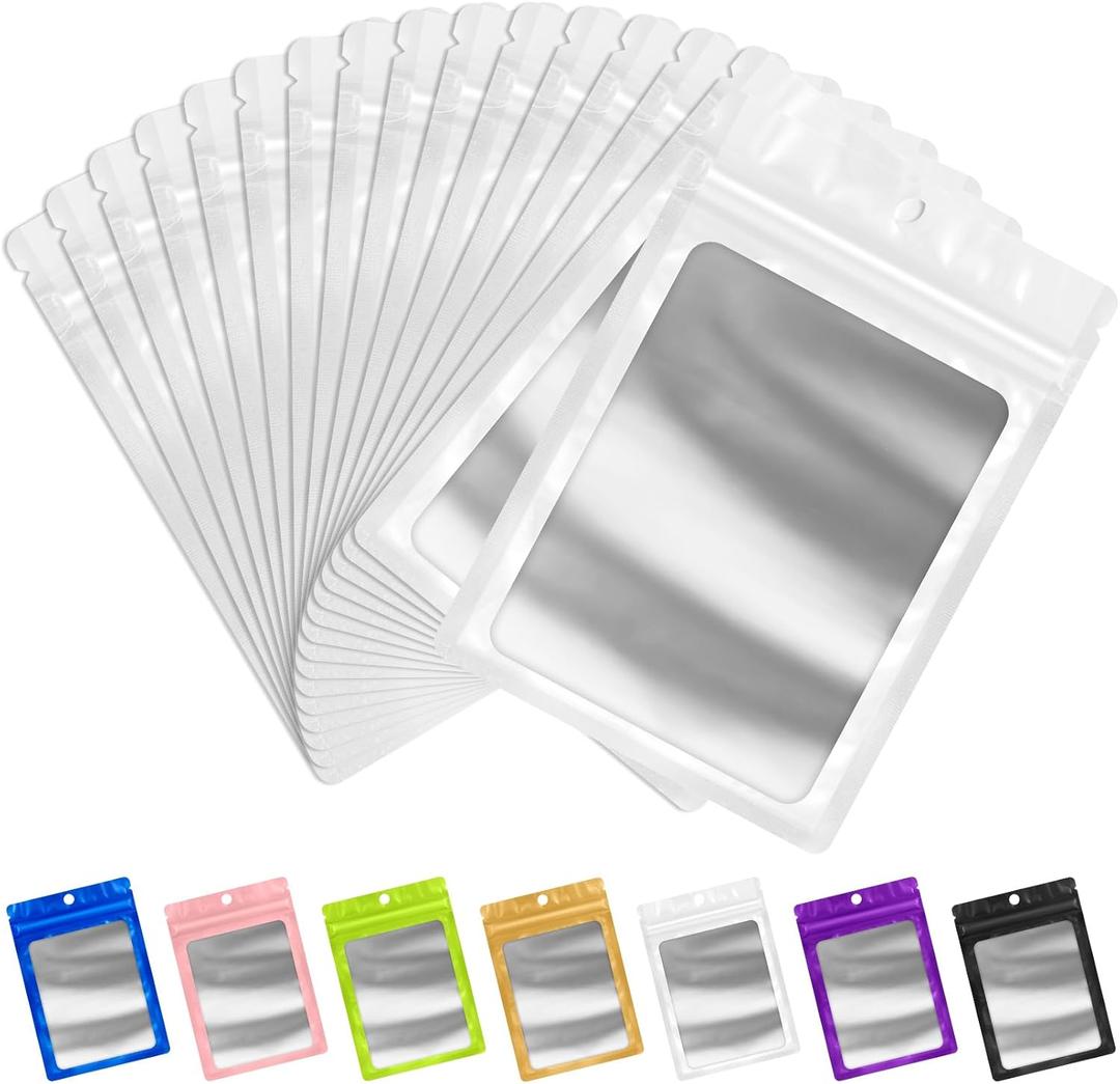 FUNFERY 98 Pack Mylar Resealable Bags Foil Packaging Bags with Clear Window, Zipper Pouch Smell Proof Bag for Food Storage, Cookies, Sample, Small Business(White, 2.4x3.9inch)