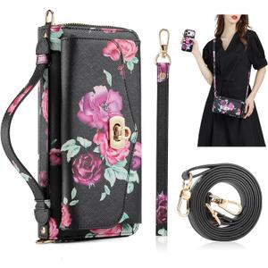 Crossbody Wallet Case for iPhone 17 Pro Max 6.9", Magnetic Detachable PU Leather Case with RFID Blocking Card Holder, Wristlet & Shoulder Strap, Flip Zipper Clutch Purse for Women - Black F