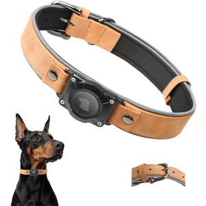 Leather AirTag Dog Collar - IPX8 Waterproof Dog Collar with AirTag Holder|Reflective, High - End, Adjustable Soft Padded |Dog GPS Collar Tracker Fit for Medium Large Dogs (Light Brown, L) (L (14.0"-19.5"))