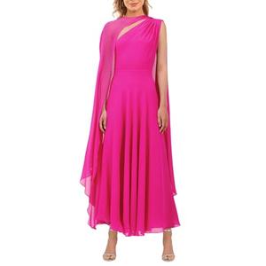 Aisbei Women's Elegant One Shoulder Dress Cape Sleeve A-Line Flowy Dress Mesh Evening Gowns Party Wedding Formal Maxi Dresses-Hot Pink, Size XS