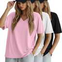 Huukeay 3 Pack Women's Oversized Cotton T-Shirts V Neck Loose Fit Casual Workout Tees Soft Short Sleeve Tops (L)