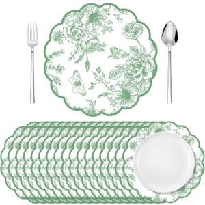 Supervitae 60 Pack Sage Green Floral Paper Placemats 13.5 Inch Chinoiserie Scalloped Disposable Place Mats Green Flower Decorative Mats for Dinner Table Setting Banquet Birthday Wedding Bride Party