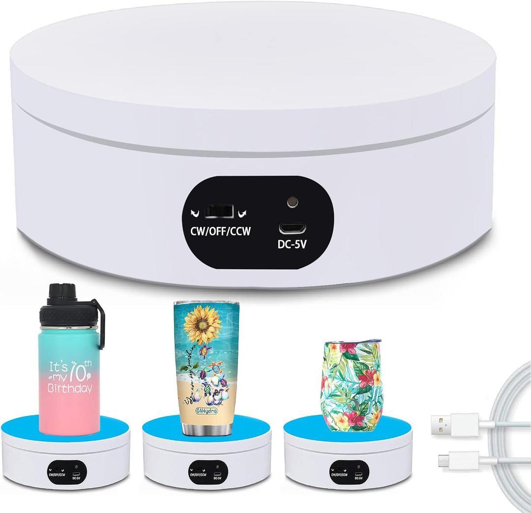 YVV Turner Cup Rotating Display Stand for Epoxy Glitter Tumbler, 360 Degree Automatic Mute Rotating Turntable for Photography Products and Shows. Bling Bling Tumbler Making Supplies Spinner White USB