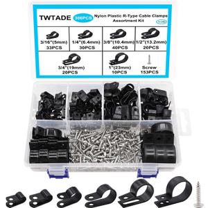 TWTADE 306PCS Black Cable Clamps Nylon Plastic R-Type 6 Sizes 3/16'' 1/4'' 3/8'' 1/2'' 3/4'' 1'' Cable Mounting Wire Clips Assortment Kit with Screws for Wire Management H-049