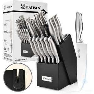 Knife Set, 15-Piece Kitchen Knife Block Sets with Built-in Sharpener, German Stainless Steel Knife Block Set, Dishwasher Safe (Silver/Black)