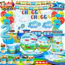 Chugga Chugga Two Two Party Decorations, 16 Guests Train Party Tableware Decorations Set Including Transportation Plates Napkins Tablecloth Banner Balloon Backdrop etc Train Birthday Party Supplies