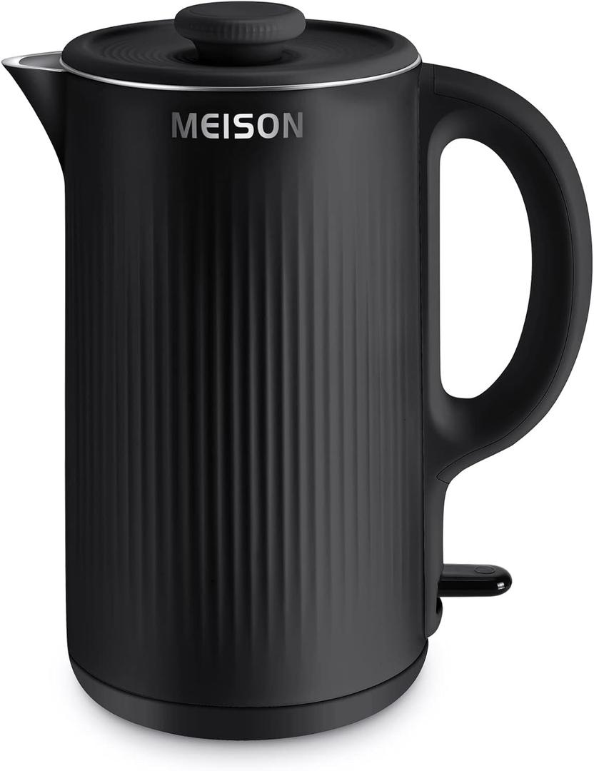 Electric Kettles Stainless Steel for Boiling Water, Double Wall Hot Water Boiler Heater, Cool Touch Electric Teapot, Auto Shut-Off & Boil-Dry Protection, 120V/1200W, 1.7 Liter (Black)