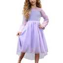 Girls Party Dresses Purple Mesh Dots Contrast Long Sleeve Velvet Special Occasion Tulle Dress, Size 6-7Y