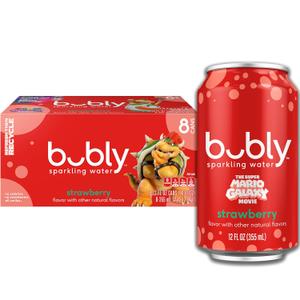 bubly Sparkling Water, The Super Mario Galaxy Movie Strawberry, Zero Sugar & Zero Calories, 12 Fl Oz Cans (Pack of 8), BBD: 14SEP26
