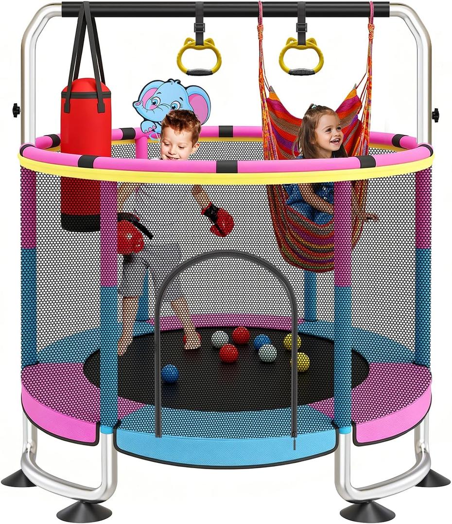 Yozoia 60" Toddler Trampoline, Indoor Trampoline for Kids with Safety Enclosure, 440LBS Support, Adjustable Gymnastics Bar & Toys for Boys Girls