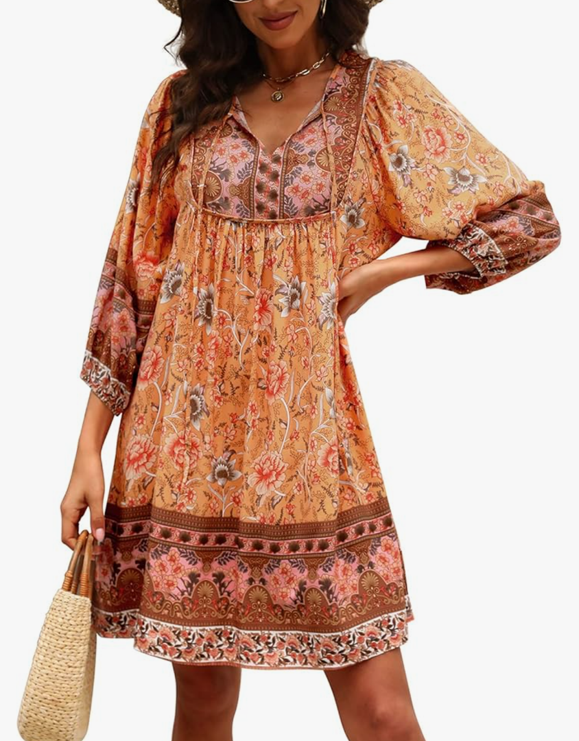 Qearal Womens Casual V Neck 3/4 Sleeve Boho Floral Printed Loose Short Mini Summer Beach Dress,XXL