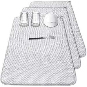 3 Pcs XXL Dish Drying Mat,Absorbent Microfiber Dishes Drainer Mats,Large Size 24×17" Pads for Kitchen Counter,Coffee,Rack,Under Sink,Light Gray