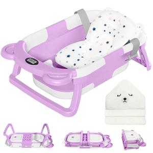 MoreFeel Collapsible Baby Bathtub for Newborn with Thermometer & 1 Hooded Towel & 1 Soft Floating Cushion,Portable Travel Bathtub with Drain Hole, Durable Foldable Baby Tubs for Infants to Toddler (Lavender)