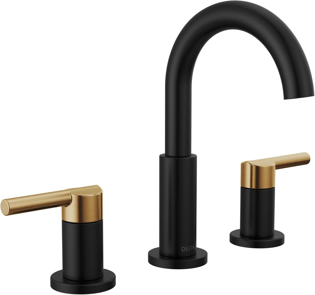 Delta Nicoli Matte Black/ Brushed Gold Faucet 3 Hole, 8 Inch Widespread Bathroom Sink Faucet for Vanity, Push-Pop Drain Assembly, Matte Black/ Champagne Bronze 35749LF-GZ