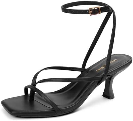 LOOPCHARM Women's Kitten Heel Strappy Open Square Toe Thong Ankle Strap Heels for Wedding 8.5