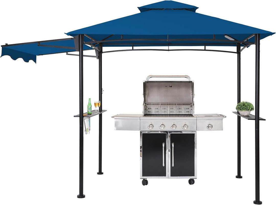 FAB BASED 5x8 Grill Gazebo with Extra Awning, All-Weather Steel Construction, Double Tiered & Resistant Canopy Roof, Metal Serving Shelves, 2 LED, Bottle Opener for Patio, Backyard, BBQ (Blue)