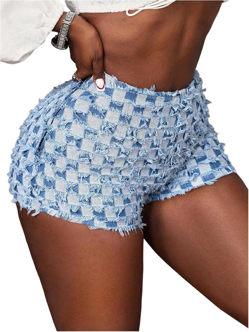 WDIRARA Women's Checkered Frayed Hem Mini Denim Shorts High Waisted Distressed Jean Shorts (Blue, XS)