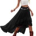 Verdusa Women's Western Boho Lace Ruffle Skirt Asymmetrical Country Cowgirl Skirts (Medium, Black)